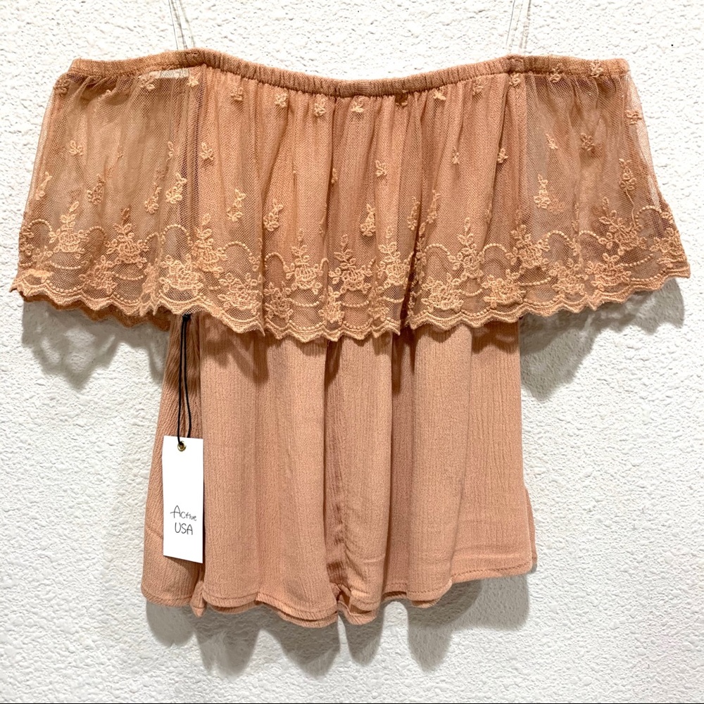 Off The Shoulder Soft Apricot Lace Top (NWT)